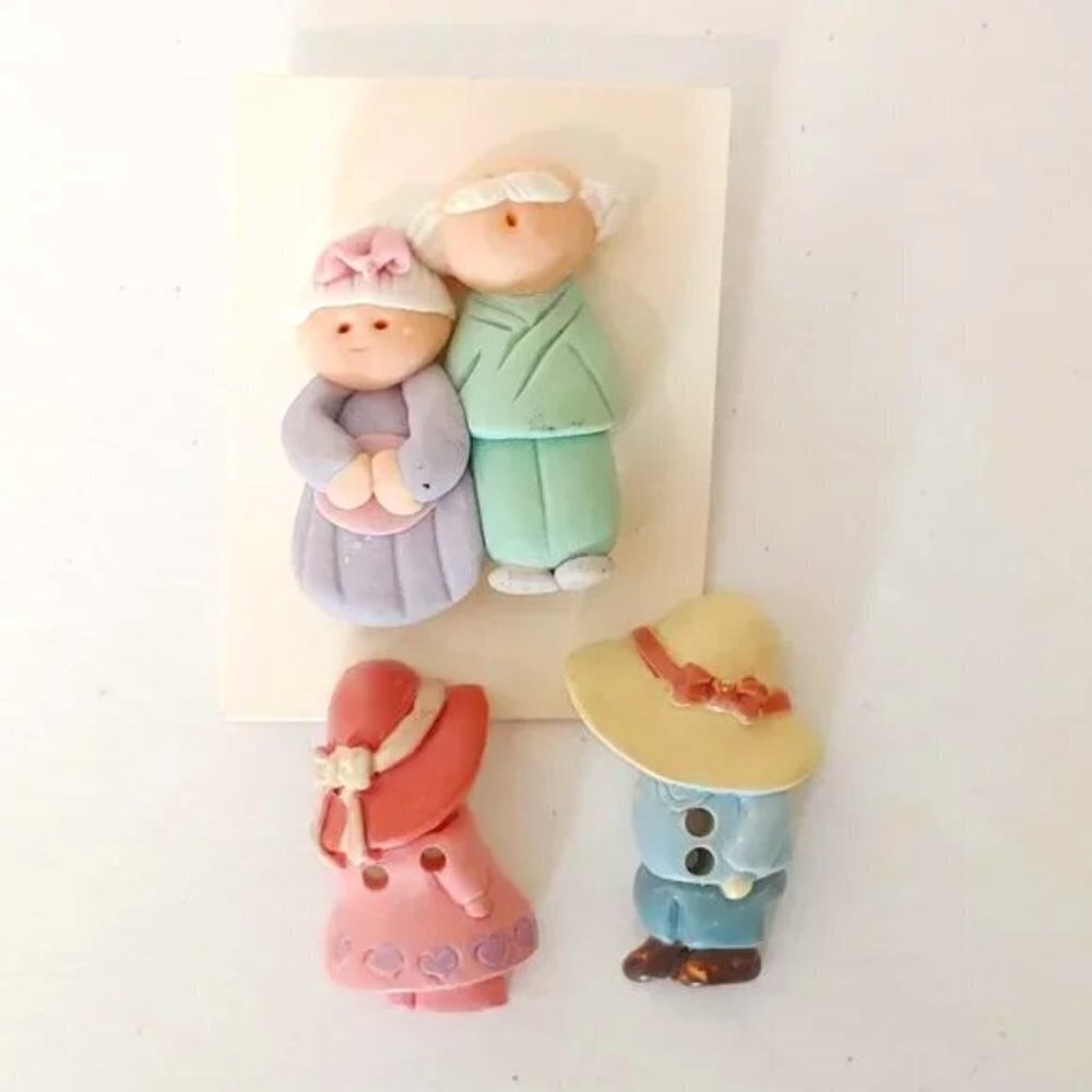 Handmade Clay Buttons Grandma Grandpa‎ Bonnet Cottage Core Vintage